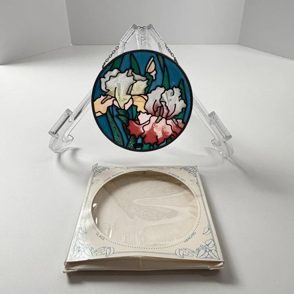 Joan Baker Designs Iris Floral Hand Painted Glass‎ Suncatcher Window Art